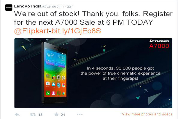 Lenovo Launches A6000 Plus in India lenovo-tweet